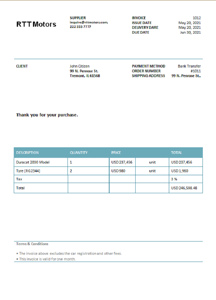 USA RTT Motors invoice PSD template